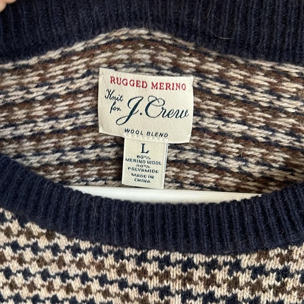 J.Crew Merino Wool Blend Sweater Men Large Navy Hazelnut Houndstooth